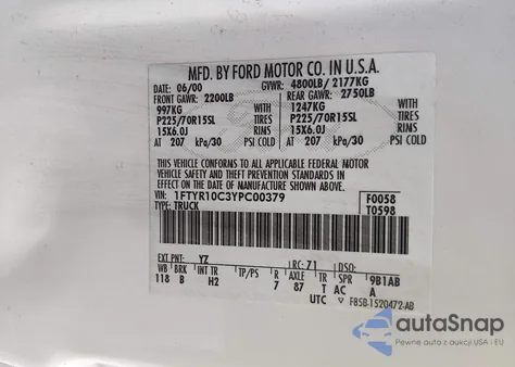 2000 Ford Ranger Xl/Xlt z USA, uszkodzony, nr VIN 1FTYR10C3YPC00379